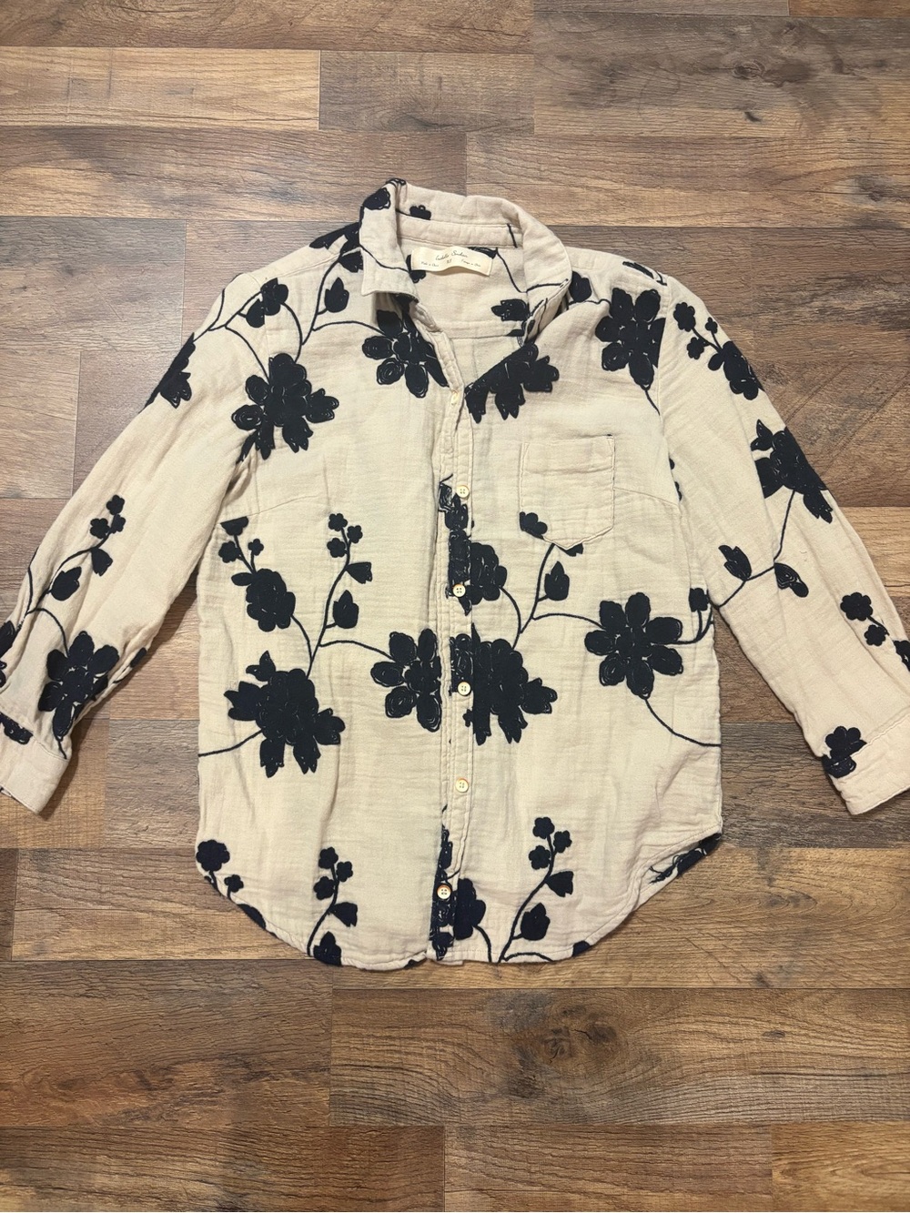Women’s Beige Button-Up Shirt with Black Floral Print